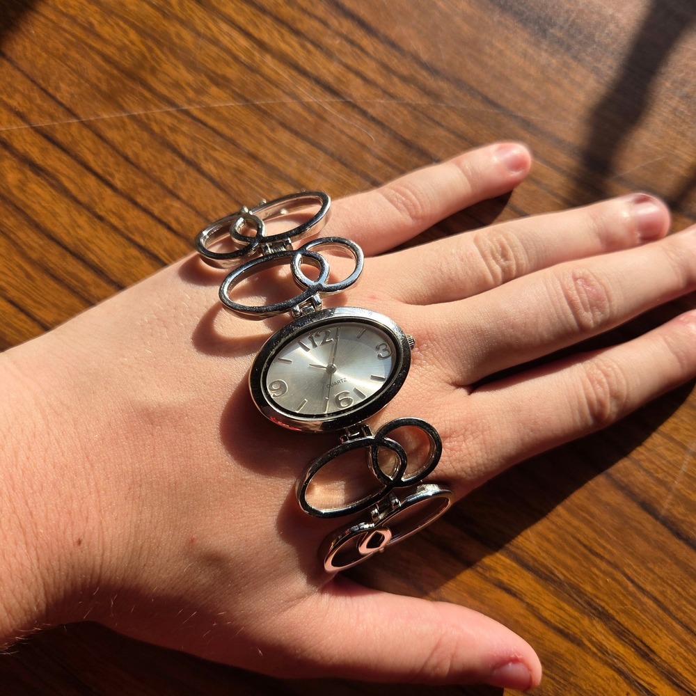 Vintage Silver Tone Oval Face Quartz Cuff Watch Interlocking Link Bracelet